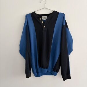 MTO International Mens Henley Sweatshirt Blue Black Colorblock Vintage Large